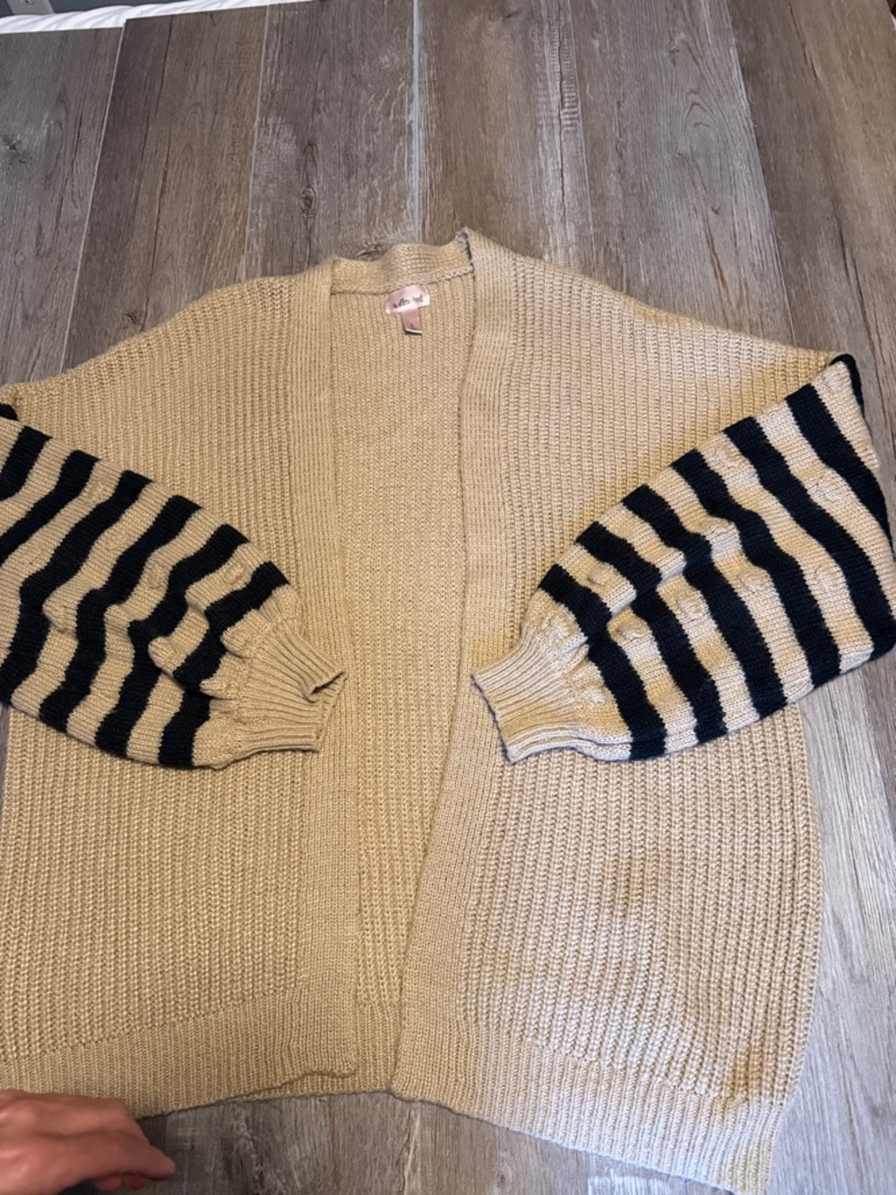 Willow + Root Beige Open-Front Cardigan with Black Striped Sleeves